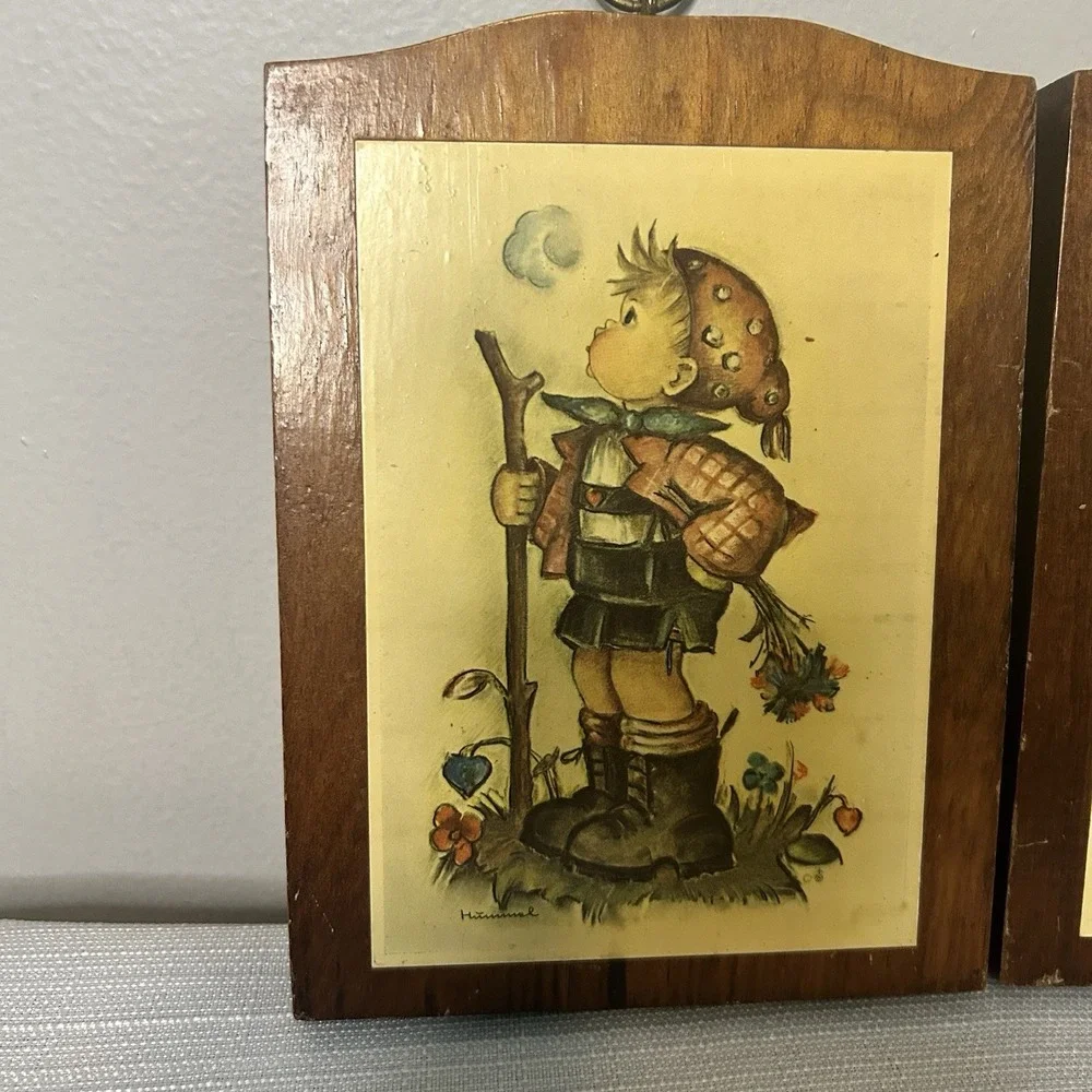 (3) Vintage Hummel Childlike Wall‎ Art Plaques On Wood Pre Owned 5.5x7